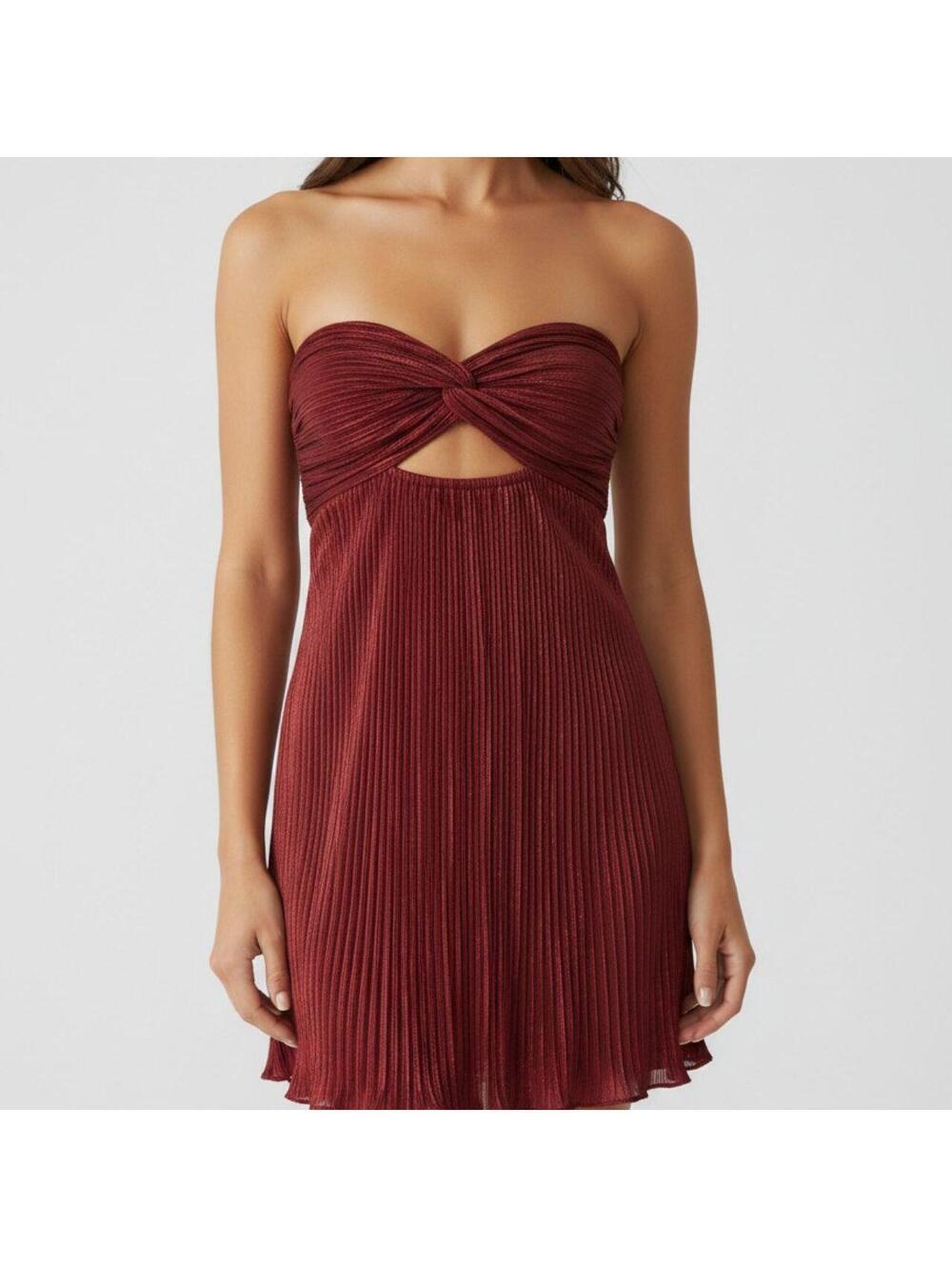 Hello Molly Women's Red Strapless Pleated Mini Dress with Twist Front - New with